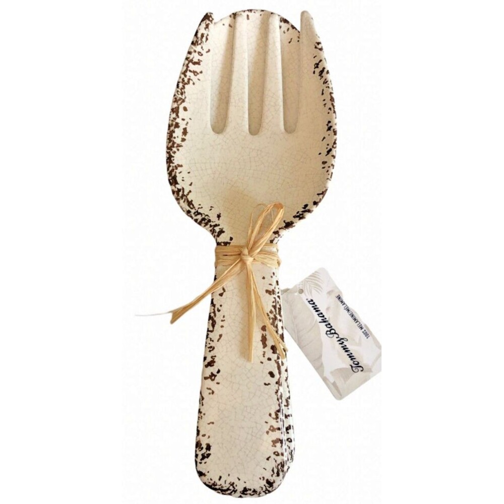 Tommy Bahama Speckled 11" Salad Server Set Serving Spoon and Fork White Rustic